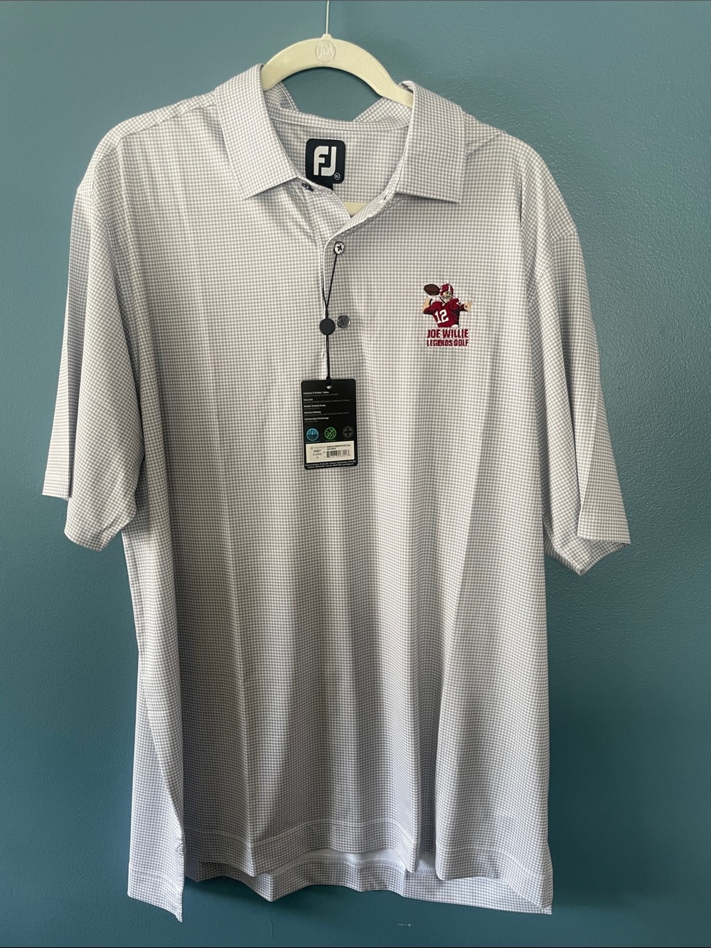 Foot Joy Men's Light Gray Micro-Check Polo with Embroidered Logo Joe Namath